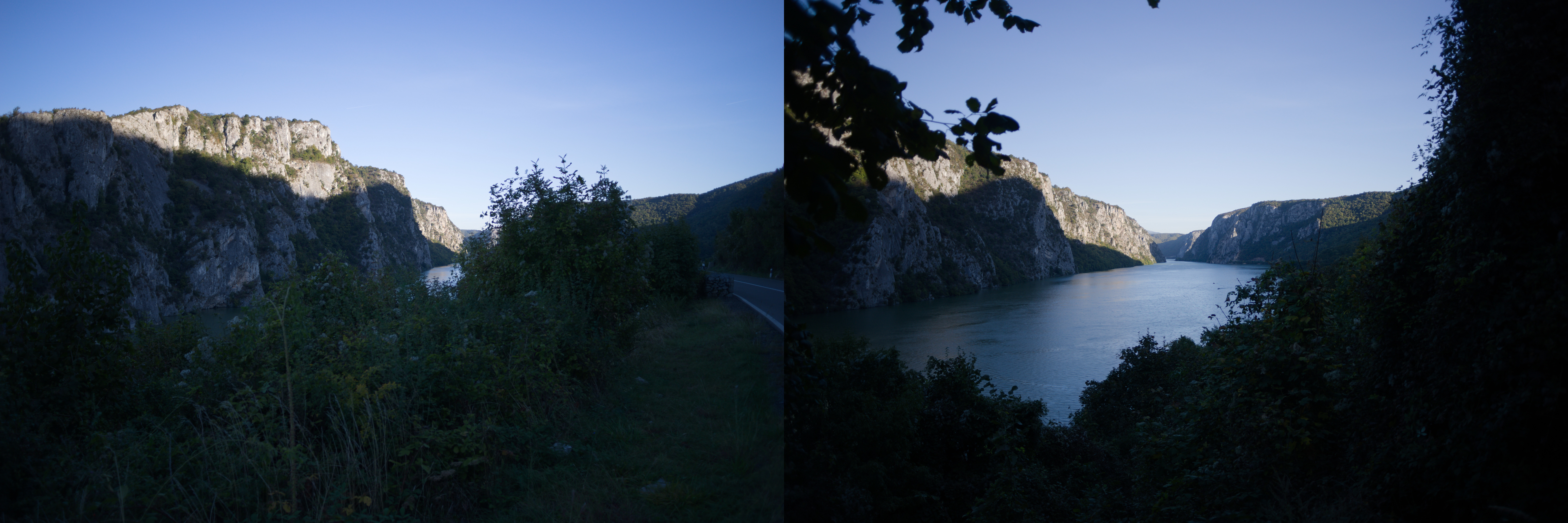 Djerdap Canyon in the morning. The sun is already on Romanina side, but Serbian side is still in the shadow of mountain